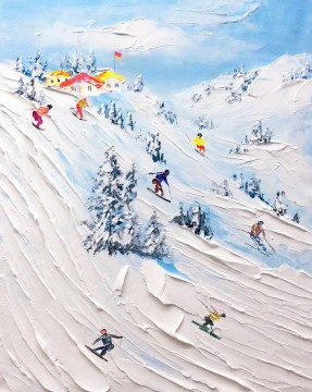 印象派 Painting - 雪の山のスキーヤー ウォール アート スポーツ ホワイト スノー スキー コテージ バイ ナイフ